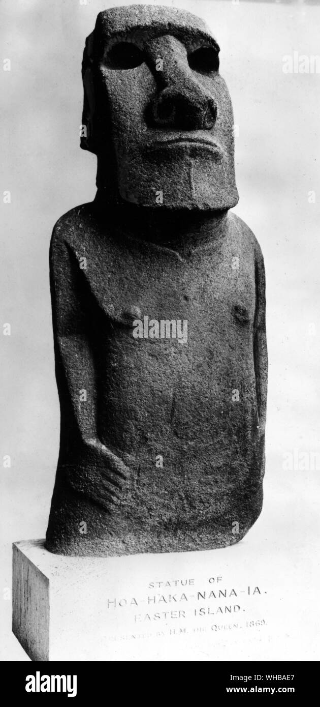 Statue of Hoa Haka Nana Ia , Easter Island : Presented by HM the Queen ( Victoria ) 1869 Stock Photo