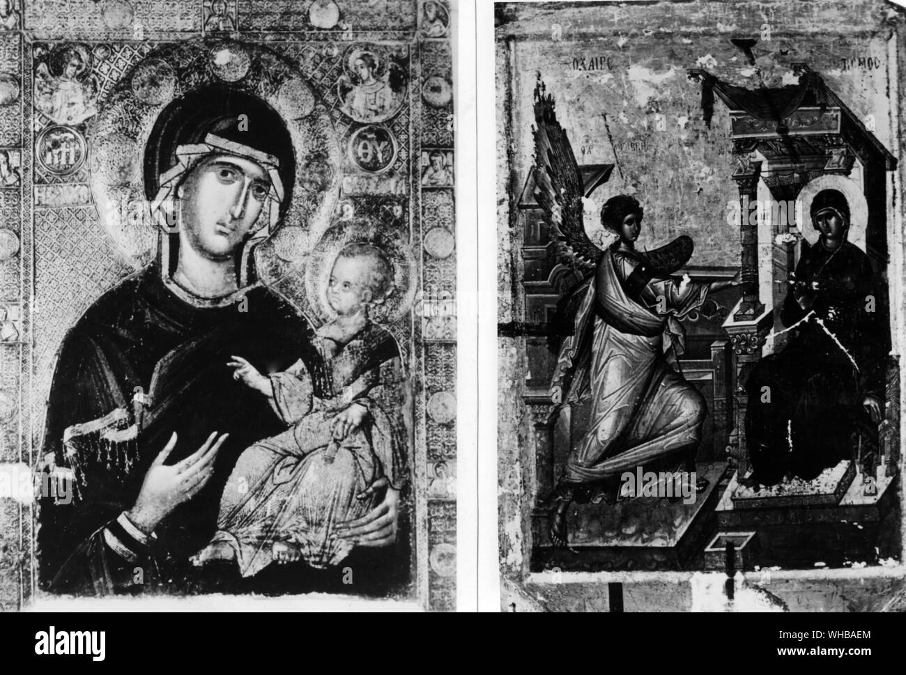 Double sided icon : left - The Virgin , Saviour of Souls . right - The Annunciation , early 14th Century. The Museum , Skopolje Stock Photo