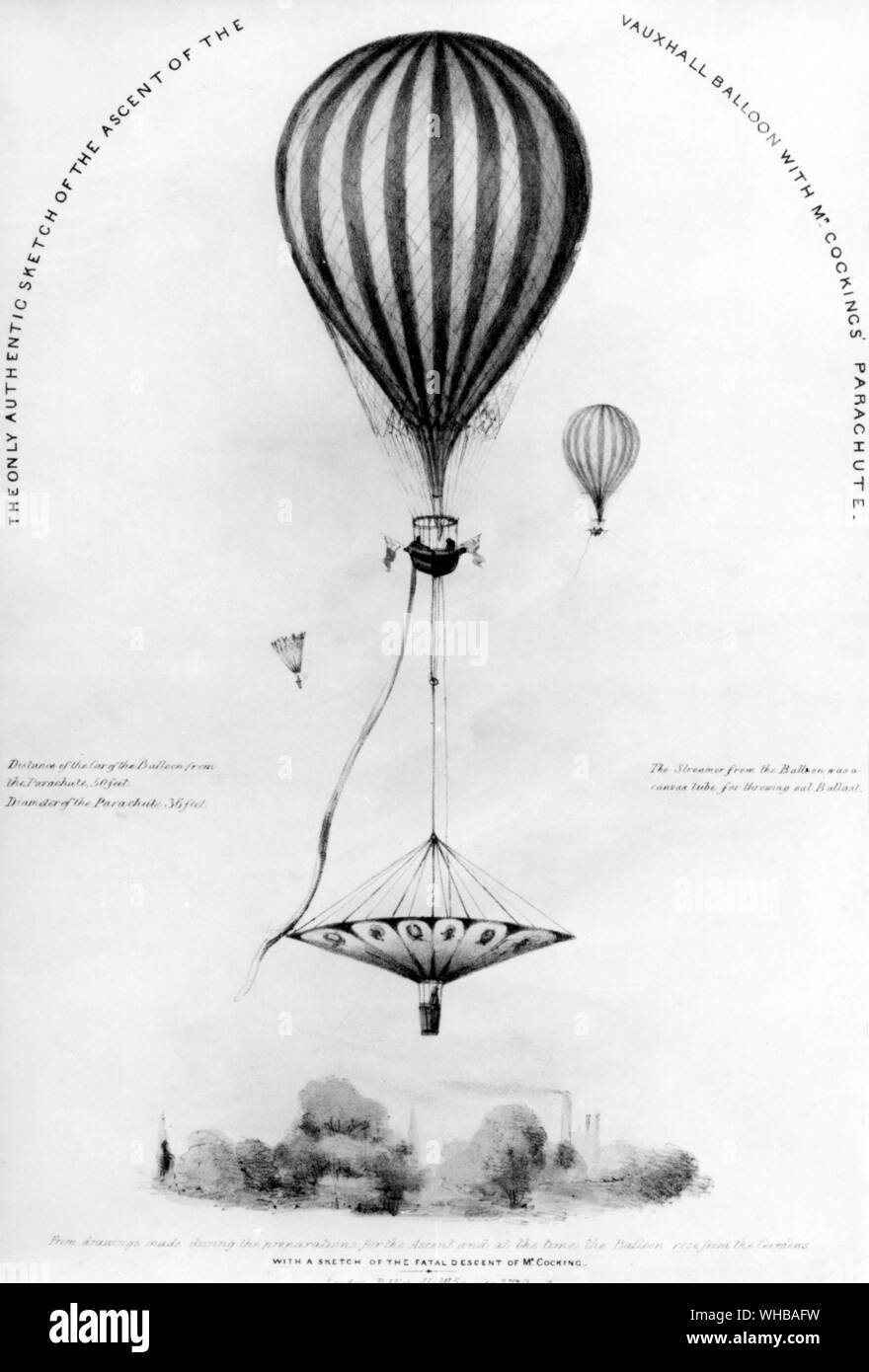 London and Lee : The only Authentic Sketch of the Ascent of the Vauxhall Balloon with Mr Cocking's Parachute , coloured lithograph , published by W Spooner. 24 July 1837 Stock Photo