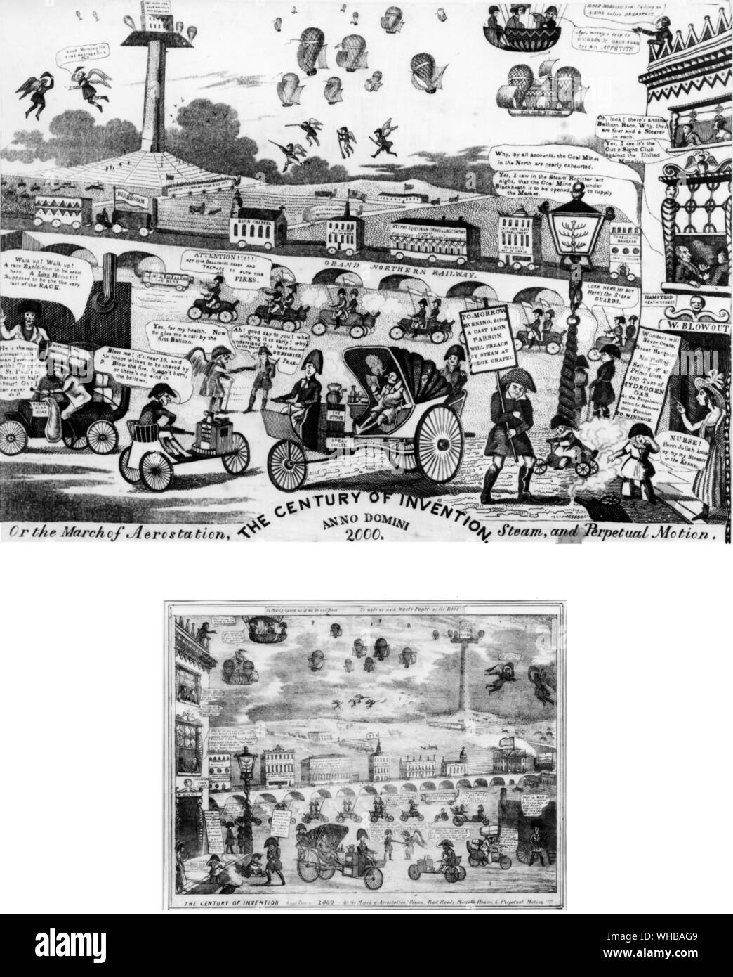 The Year 2000 The Century of Invention , showing the world in the year 2000 , motor cars crowd the street , buildings including Eton College Chapel are on wheels , men with wings and guns fly , there are balloons with sails , and in the centre the army is mechanised Stock Photo