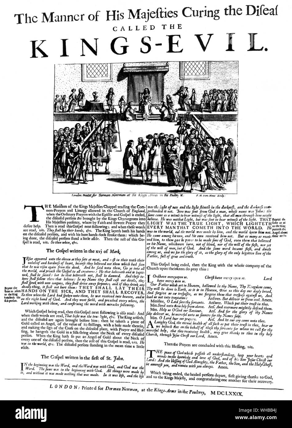 Published in 1679 (MDCLXXIX) - The manner of His Majesties Curing the Disease called the Kings-Evil - the ministers of the Kings Majesties Chapel reading the common prayers and liturgy allowed in the Church of England when the ordinary prayers with the epistle and gospel is ended. The diseased persons are brought by the king's surgeons into his Majesty's presence, where by faith and fervent prayer they desire help.. Stock Photo