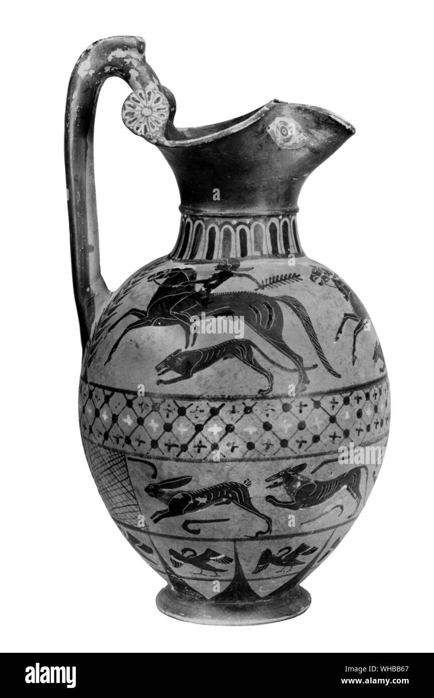 Pontic Oinochoe , attributed to Paris Painter c 520 BC . Etruscan : height 11 3/4 inches . Chasing the hare into the nets. Stock Photo