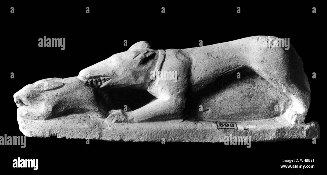 Cypriote sculpture 7th - 5th Century BC : Votive statuette group , Coursing hound seizing hare from Cyprus , limestone Stock Photo
