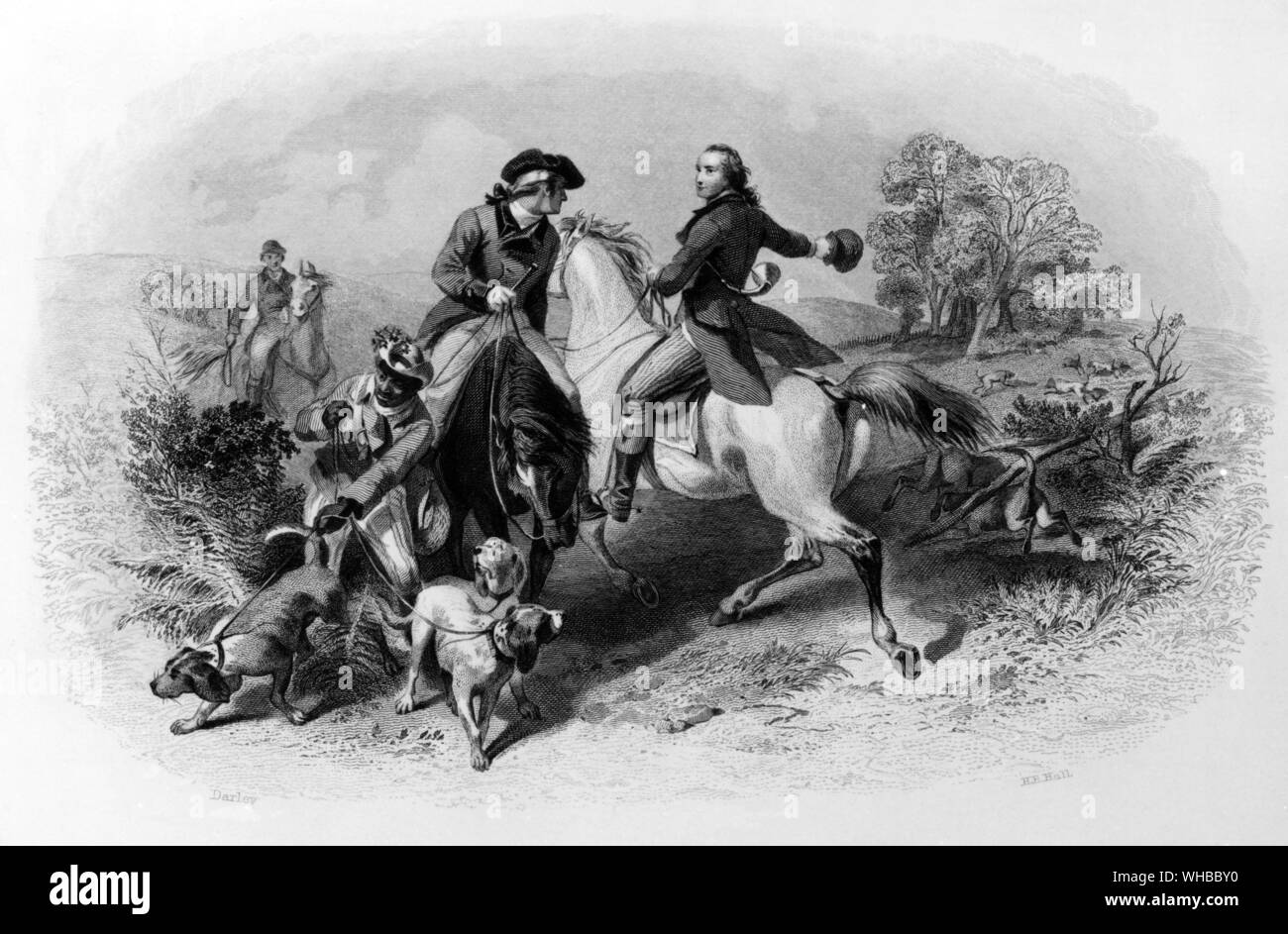 Horse ridden by George Washington riding his favourite hunter Blueskin 1855 . George Washington and Bryan Fairfax - field sport . Drawing by F O C Darley Stock Photo