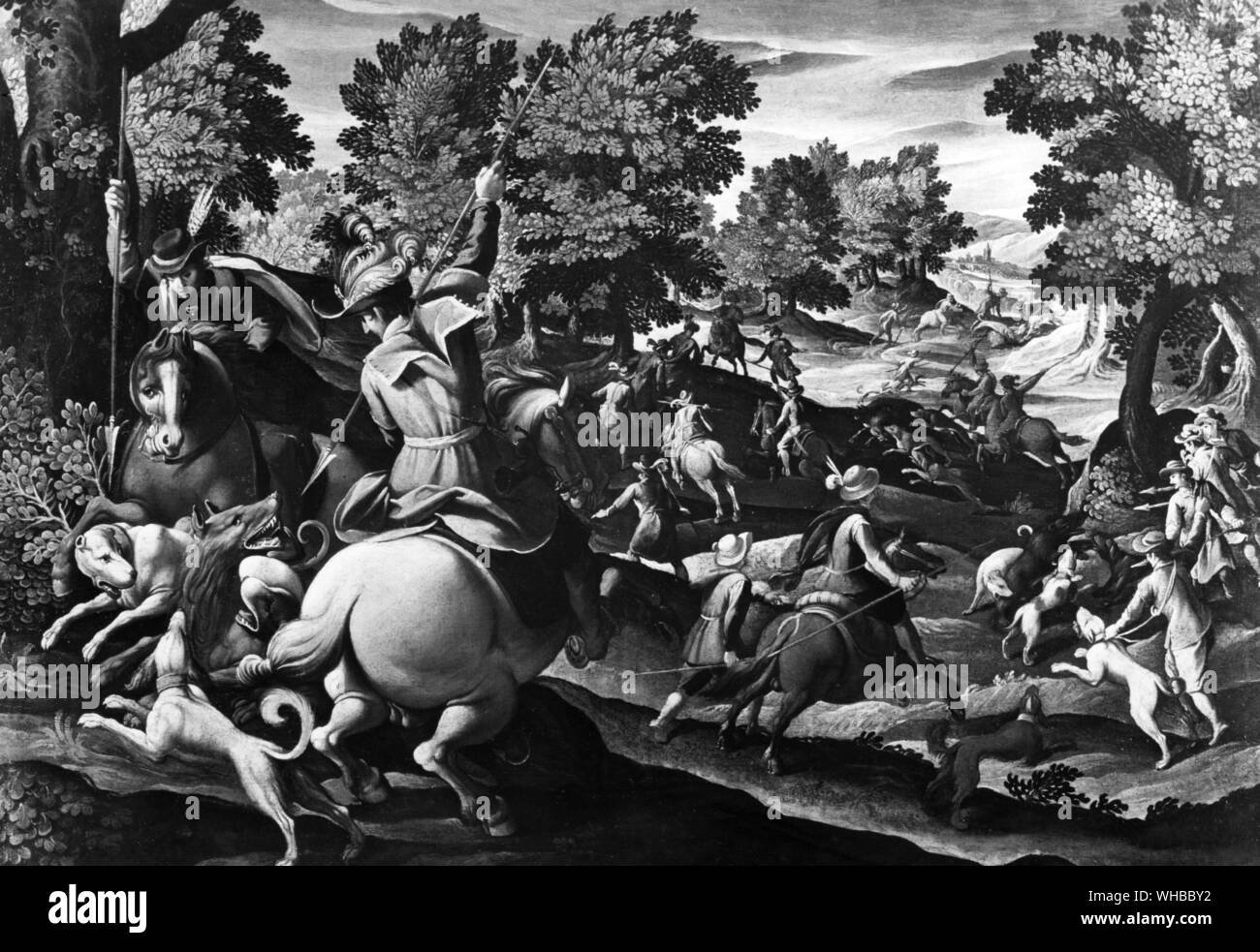 Flemish Hunting Party by Jan van der Straet [Flemish Northern Renaissance Painter, 1523-1605 (called Johannes Stradanus oil on canvas . Men in foreground on horseback spearing wolf. (Right) Men about to spear bear caught by dogs. (mid distance) beaters with spears circling round animal attacked by dogs Stock Photo