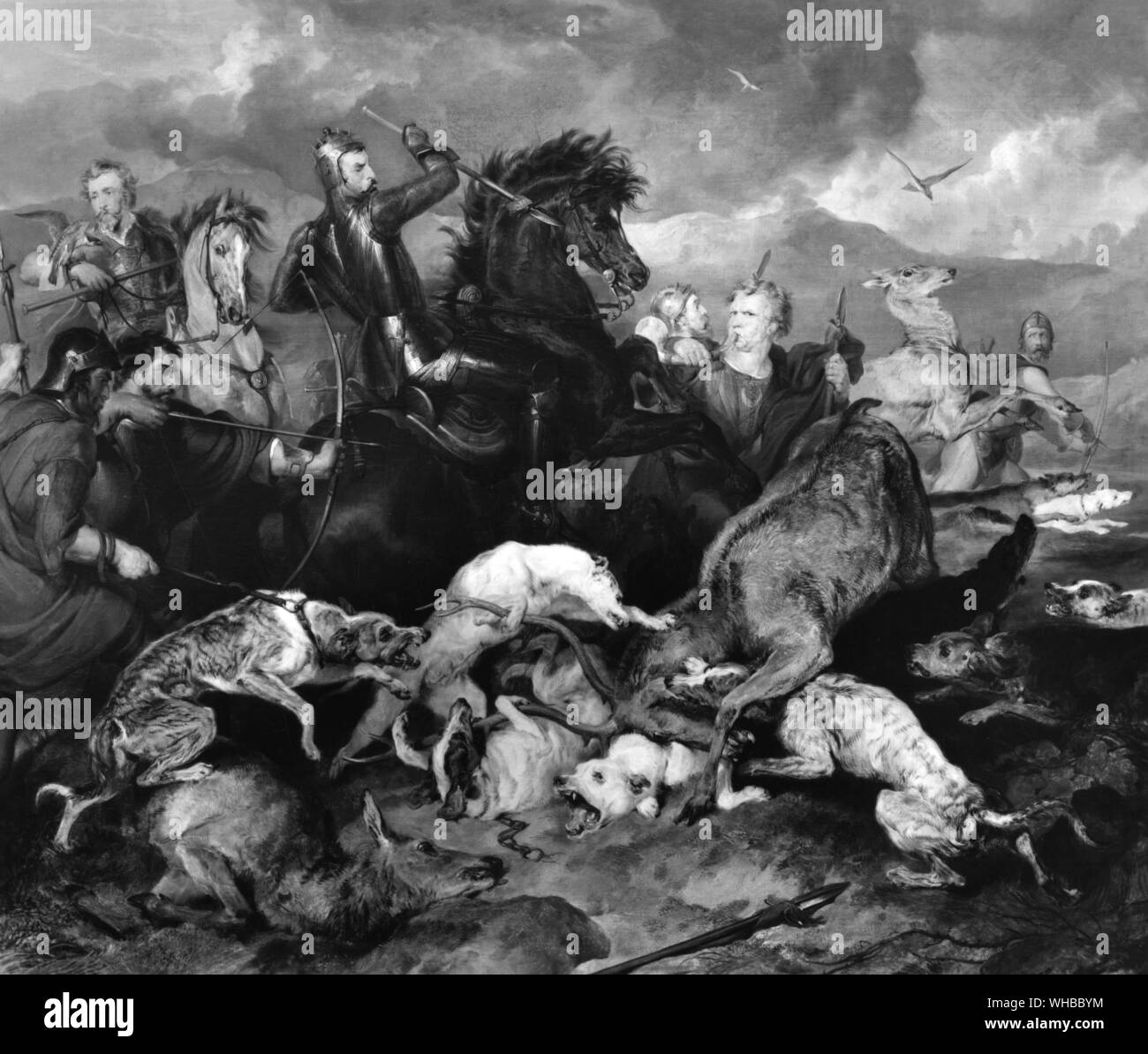 Hunt of the Chevy Chase by Landseer. Late Middle Ages Scotland . . The subject is from an old English song known as the 'Ballad of Chevy Chase'. The song tells of a hunt or 'chase' in the Cheviot Hills on the Scottish borders. The hunt is led by Percy, the Earl of Northumberland. The Scottish Earl Douglas interprets the hunt as an invasion of Scotland and a bloody battle is fought.. Stock Photo