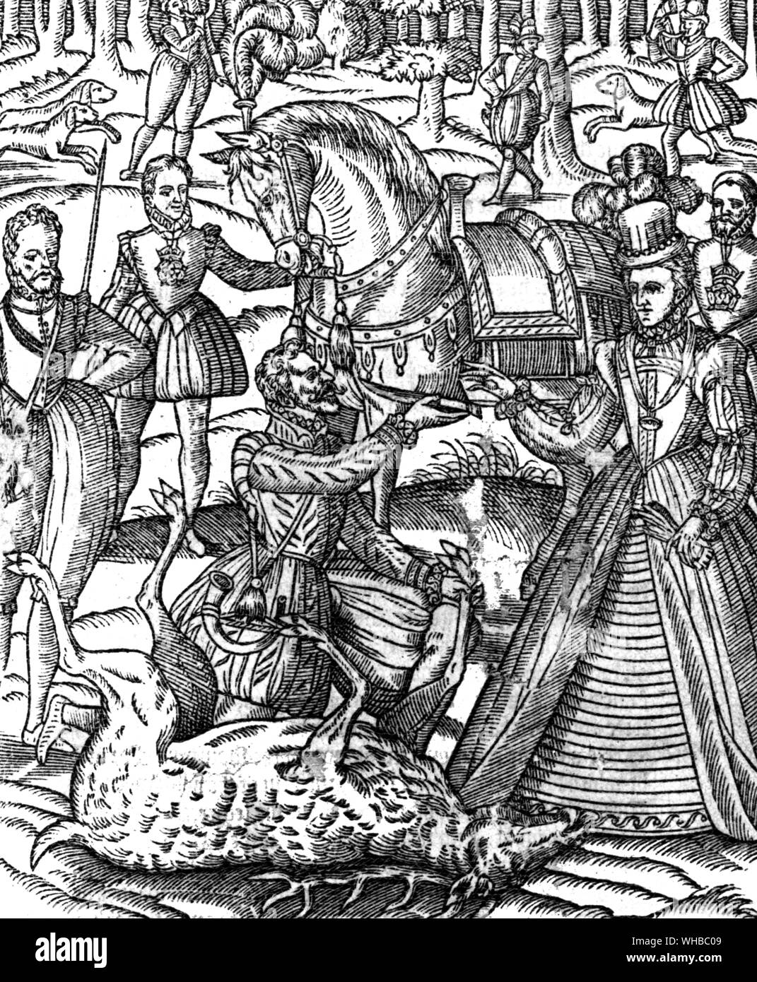 Elizabeth I (1533-1603) on the hunting field alights to perform the ceremony of assaying the stag, and is handed the knife by the huntsman. From George Turbevile or Turbeville The Noble Art of Venerie 1576. Woodcut Stock Photo