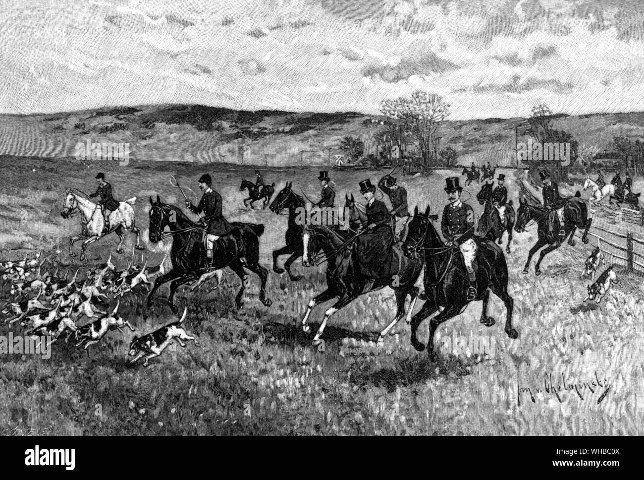 Hunting Scene in Full Cry. Cross Country Riding in America Riding to Hounds in Long Island by Theodore Roosevelt Stock Photo