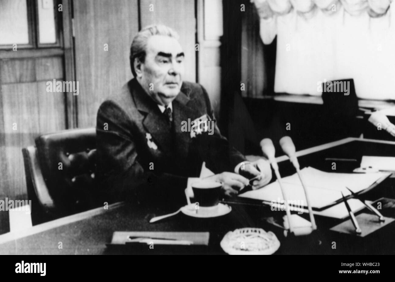 Sitting of the Constitutional commission under the chairmanship of Chairman of Constitutional commission, General Secretary of CCCCPSU, President of USSR Supreme Soviet President L. I. Brezhnev took place in the Kremlin.. Leonid Ilyich Brezhnev (December 19, 1906 [O.S. December 6, 1906] - November 10, 1982) was General Secretary of the Communist Party of the Soviet Union (and thus political leader of the USSR) from 1964 to 1982, serving in that position longer than anyone other than Joseph Stalin. He was twice Chairman of the Presidium of the Supreme Soviet (head of state), from 1960 to 1964 Stock Photo