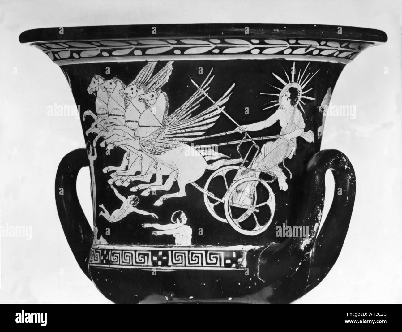Vase - Helios - Phaeton - in Greek mythology the sun was personified as Helios (Helius). Helios was imagined as a handsome god crowned with the shining aureole of the sun, who drove a chariot across the sky eah day to eath-circling Oceanus and throught he world-ocean returned to the East at night. Homer descirbed it as drawn by solar bulls and Pindar saw it as drawn by fire-darting steeds. Still later, the horses were given fiery names, Pyrios, Aeos, Aethon and Phlegon.. Stock Photo