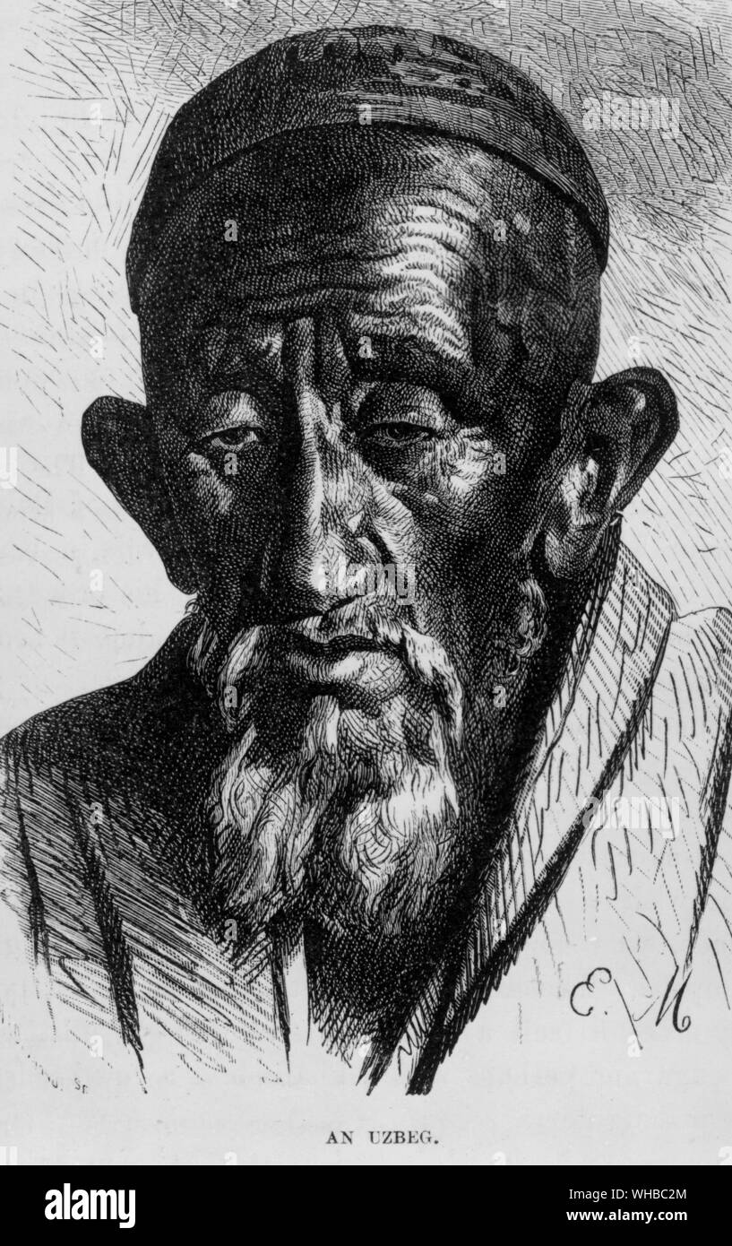 An Uzbeg - From Campaigning on The Oxus by J. A. MacJahan 1874 p.305. The Uzbeks are a Turkic people of Central Asia. They comprise the majority population of Uzbekistan, and large populations can also be found in Afghanistan, Tajikstan, Kyrgyzstan, Turkmenistan, Kazakhstan, Russia and the Xinjiang Uyghur Autonomous Region of China. Smaller diaspora populations of Uzbeks from Central Asia are also found in Iran, Turkey, Pakistan, North America and Western Europe.. Stock Photo