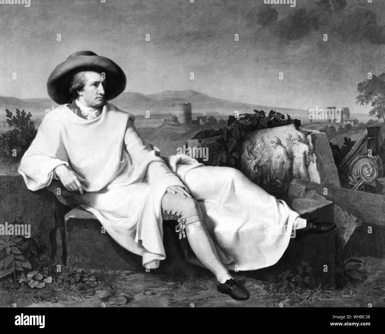 Goethe in the Roman Campagne 1787 by J.H.W. Tischbein - Johann Wolfgang von Goethe (28 August 1749 - 22 March 1832) was a German writer. George Eliot called him Germany's greatest man of letters... and the last true polymath to walk the earth. Goethe's works span the fields of poetry, drama, literature, theology, humanism, science and painting. Goethe's magnum opus, lauded as one of the peaks of world literature, is the two-part dramatic poem Faust. Goethe's other well-known literary works include his numerous poems, the Bildungsroman Wilhelm Meister's Apprenticeship and the epistolary novel Stock Photo