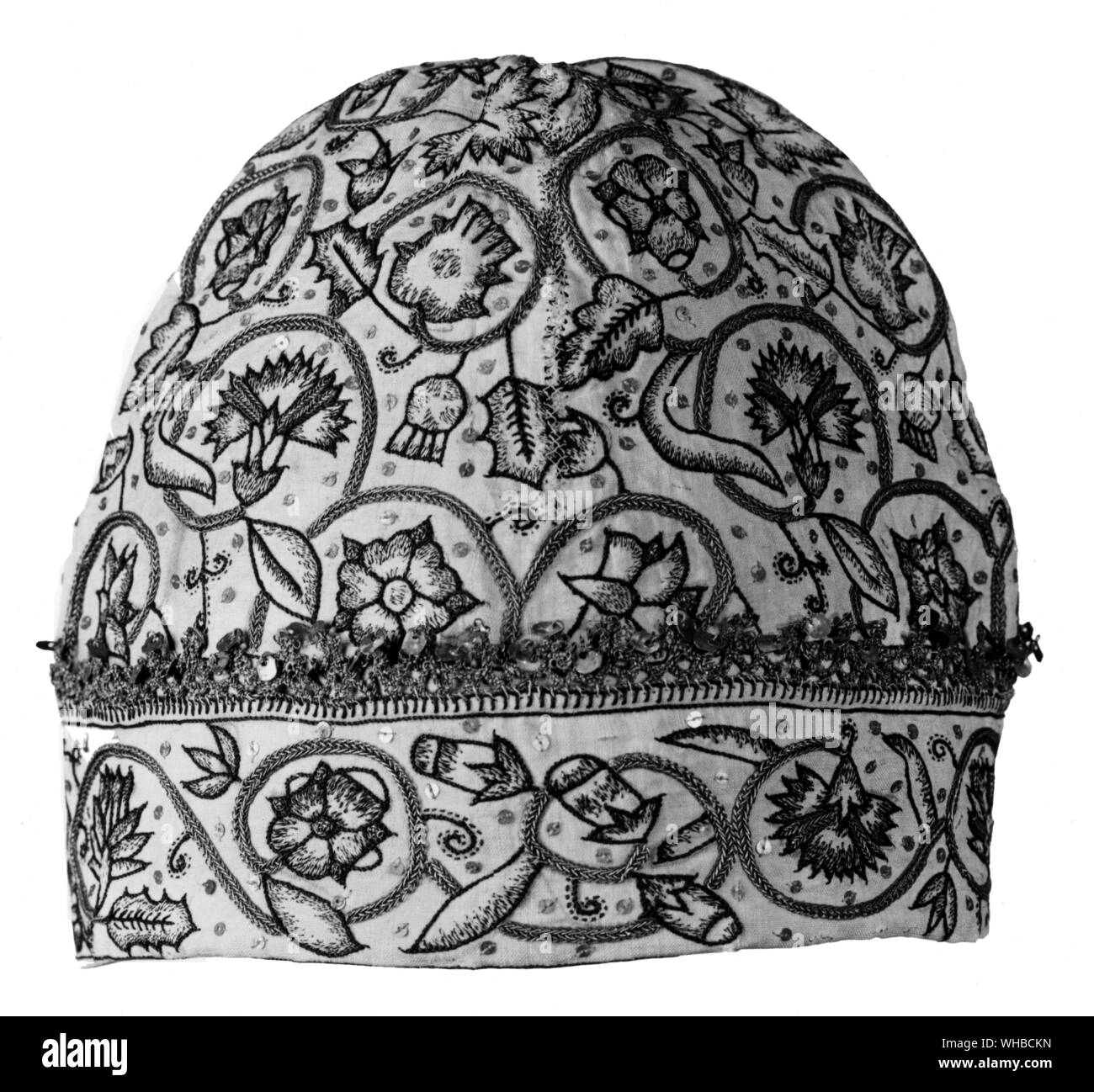 Mans linen night cap embroidered with silver guilt and silver thread , English late 16th Century Stock Photo