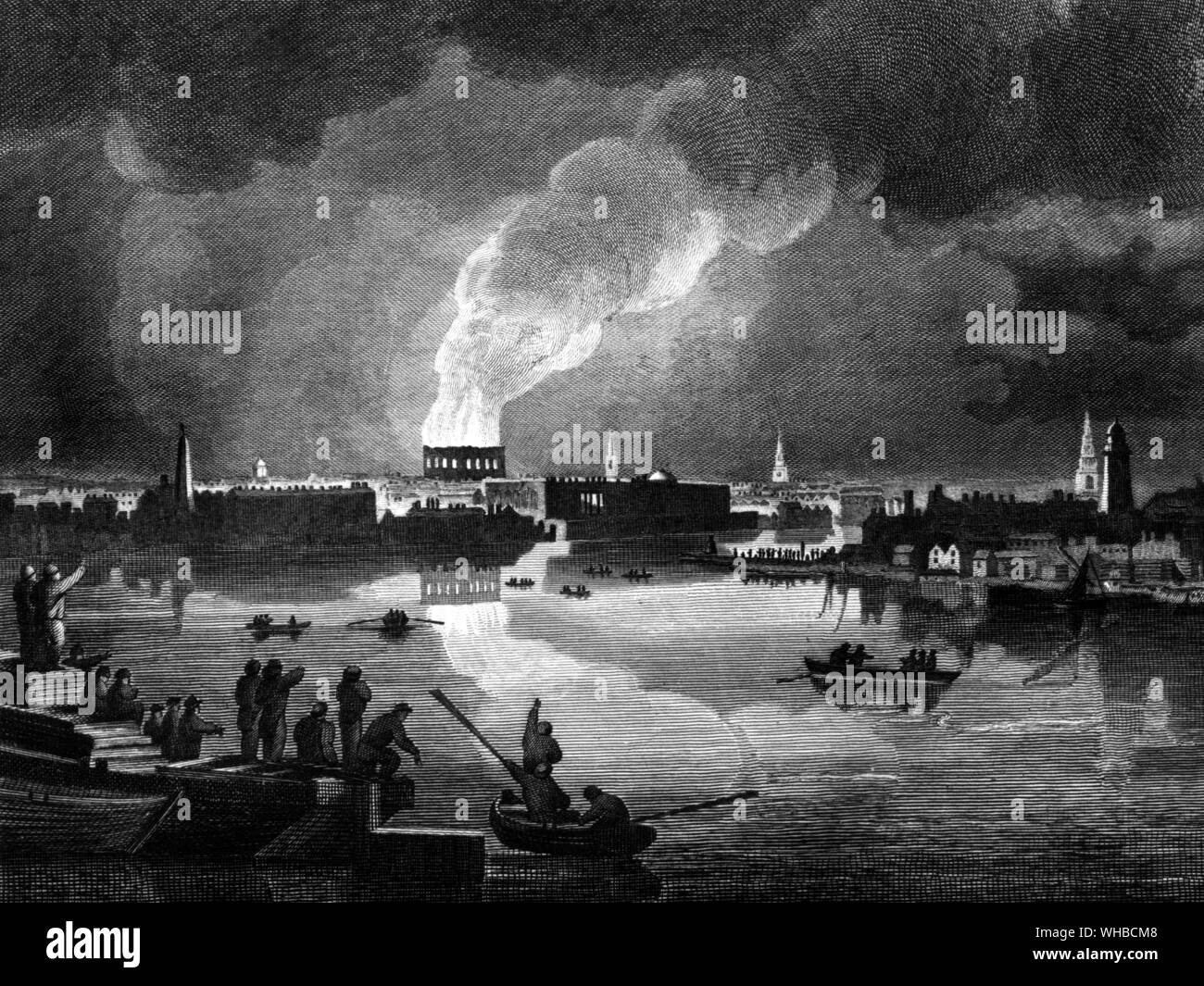 View of Drury Lane taken from Westminister Bridge during the night of the  fire  24 February 1809 . engraved by Wise after Wichelo Stock Photo