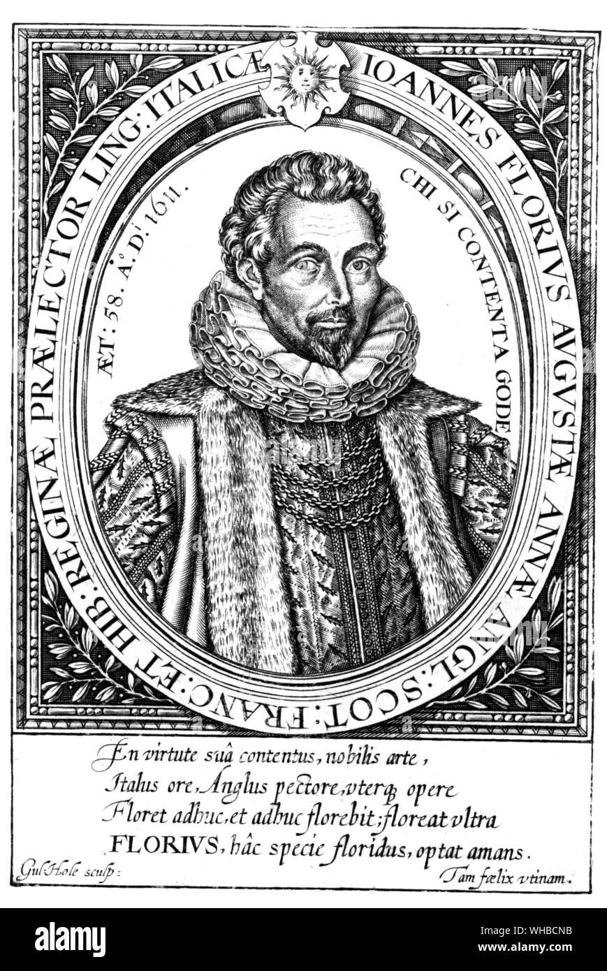 Secretary to Southampton and translator of Montaigne , John Florio was reputedly carried away by words , a condition that one of his readers , William Shakespeare , did not always escape .. Engraving by W Hole on the frontispiece to John Florio's dictionary in English and Italian , 1611 edition entitled Queen Anna's New World of Words Stock Photo