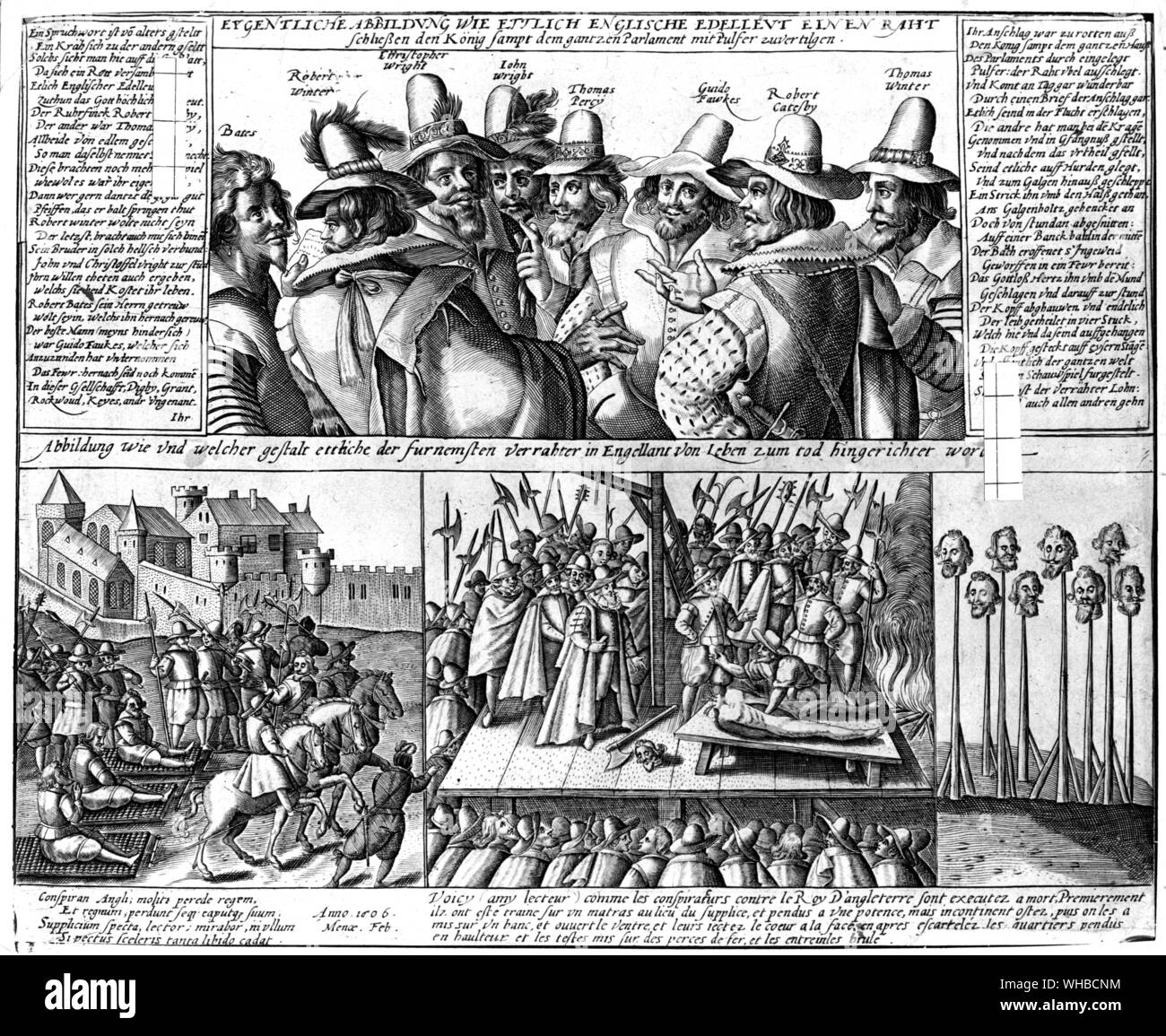 Engraving 17th Century : Guy Fawkes and his fellow conspirators were activated by their disappointment at James's betrayal of his promise to tolerate the Catholic faith . Fawkes and the others were brutally executed Stock Photo