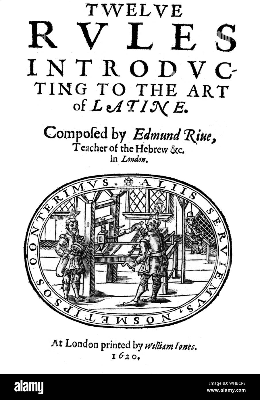 Woodcut from the title page of Twelve Rules Introducting to the Art of Lactine by Edmund Rive , 1622 Stock Photo