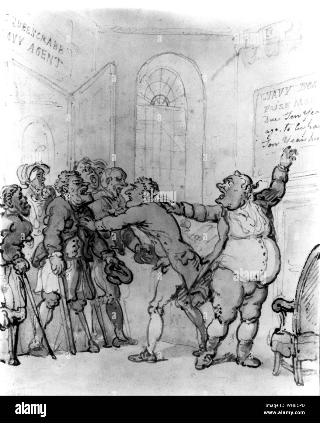 Navy agents refusing to pay sailors their wages - sketch by Rowlandson Stock Photo