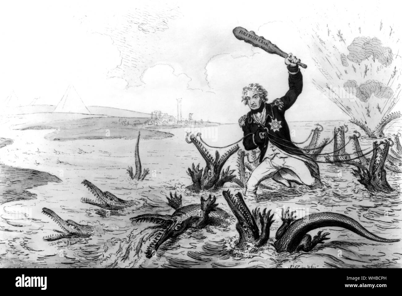 Exploration of the Plagues of Egypt. Destruction of Revolutionary Crocodiles: or The British Hero cleansing the Mouth of the Nile Stock Photo