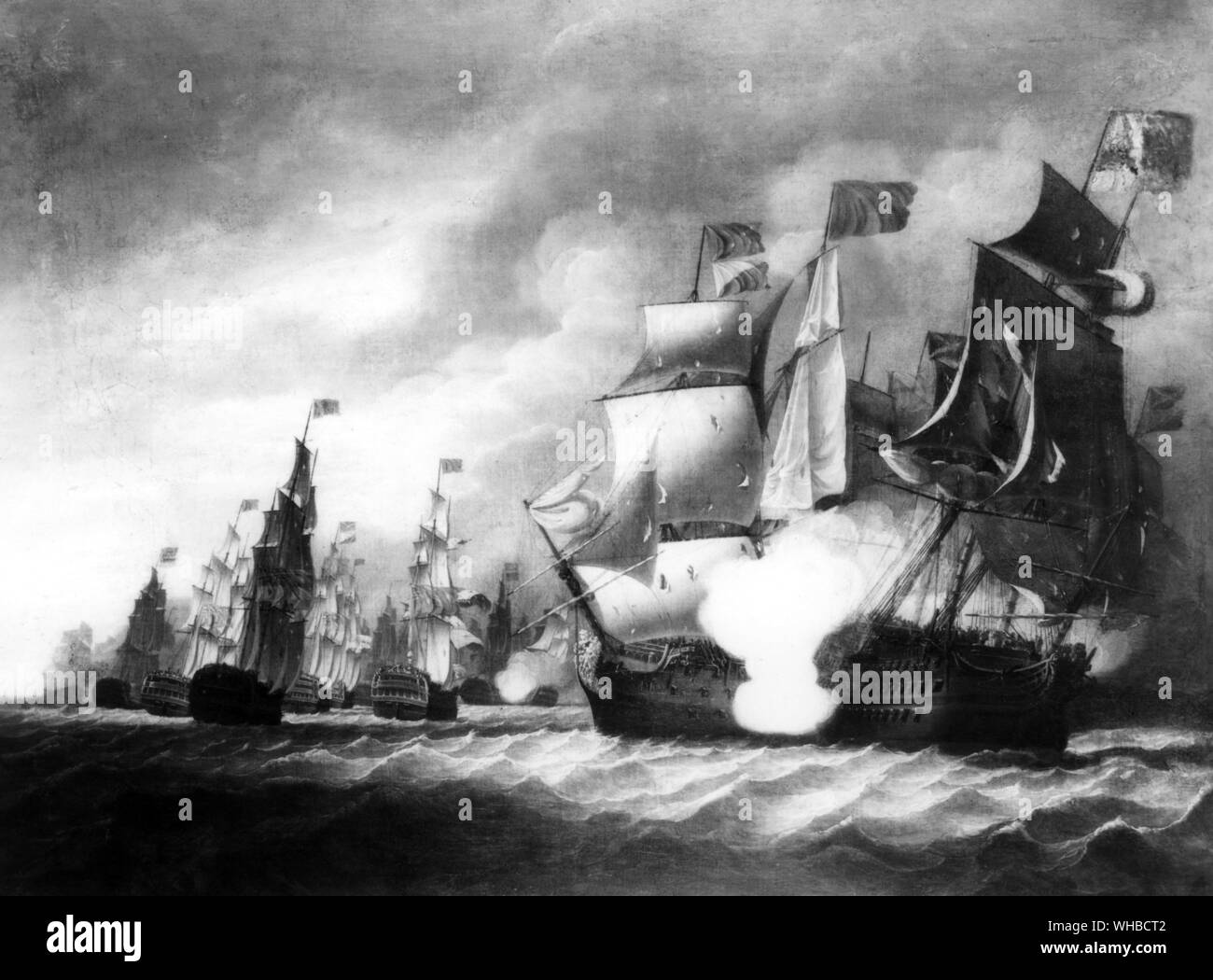 1797 Battle of St Vincent Victory raking Spanish ship Salvador del Mundo Stock Photo