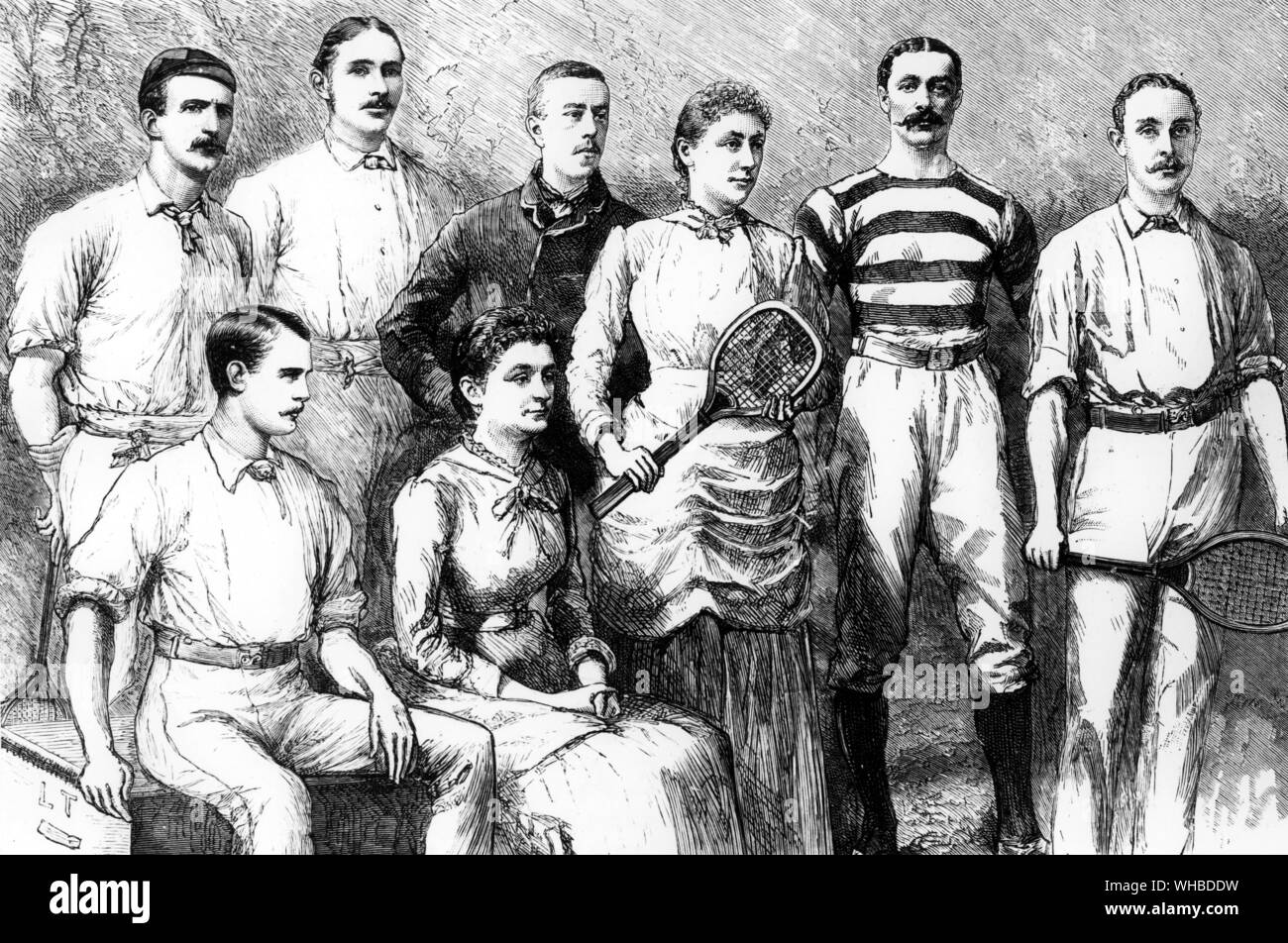 English Lawn-Tennis players (top row l-r) E. de S. H. Brownie, Rev. J. T. Hartley (champion 1879, 1880), C. W. Grinstead, Miss Maud Watson (lady champion) , H. F. Lawford (Irish Champion, Winner of Wimbledon Gold Prize, 1884), W. Renshaw (Champion 1881, 1882, 1883, 1884) - (bottom row l-r) E. Renshaw (winner of Wimbledon Gold Prize 1882, 1883), Miss Watson.. Stock Photo