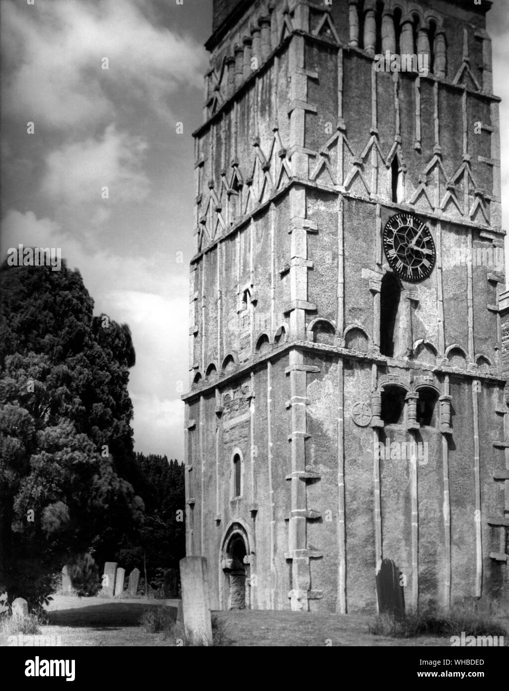 Saxon Tower of The Church of All Saints at Earls Barton , Northamptonshire , England c 970 AD Stock Photo