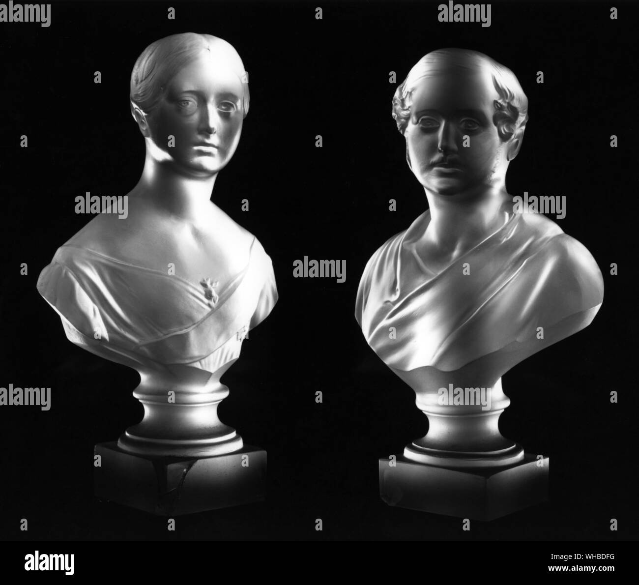 Glass busts of Queen Victoria and her husband Prince Albert in the 1840s.. Victoria (Alexandrina Victoria. 24 May 1819 - 22 January 1901) was the Queen of the United Kingdom of Great Britain and Ireland from 20 June 1837, and the first Empress of India from 1 May 1876, until her death on 22 January 1901. Her reign lasted 63 years and seven months, longer than that of any other British monarch.. Stock Photo
