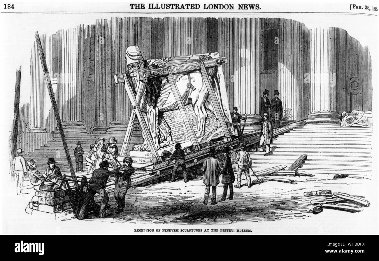 The Illustrated London News: Reception of Nineveh sculptures at the British Museum - the statue was placed on rollers and shifted backwards up the stairs .. 8 February 1852. Colossal winged human head lion of Ashur-nasir-pal II , King of Assyria 883 - 859 BC Stock Photo