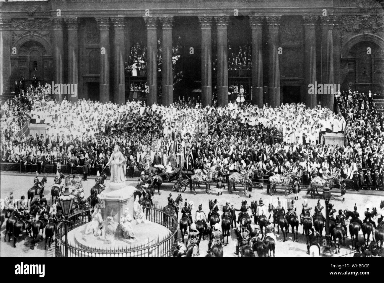Queen Victoria - Diamond Jubilee - The ceremony at St. Paul's from a souvenir publication Sixty Years A Queen.. Victoria (Alexandrina Victoria. 24 May 1819 - 22 January 1901) was the Queen of the United Kingdom of Great Britain and Ireland from 20 June 1837, and the first Empress of India from 1 May 1876, until her death on 22 January 1901. Her reign lasted 63 years and seven months, longer than that of any other British monarch. The Colonial Secretary, Joseph Chamberlain, proposed that the Diamond Jubilee be made a festival of the British Empire. The Prime Ministers of all the self-governing Stock Photo