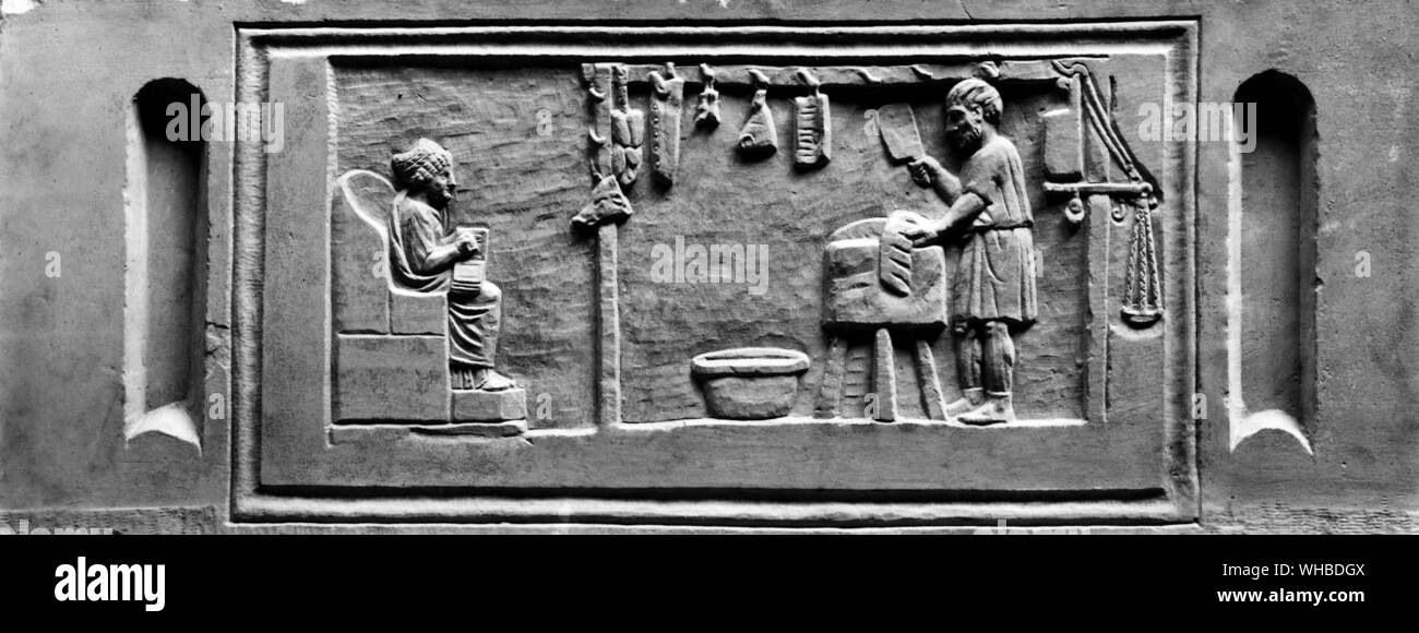 Roman box with relief depicting a pork butchers shop Stock Photo