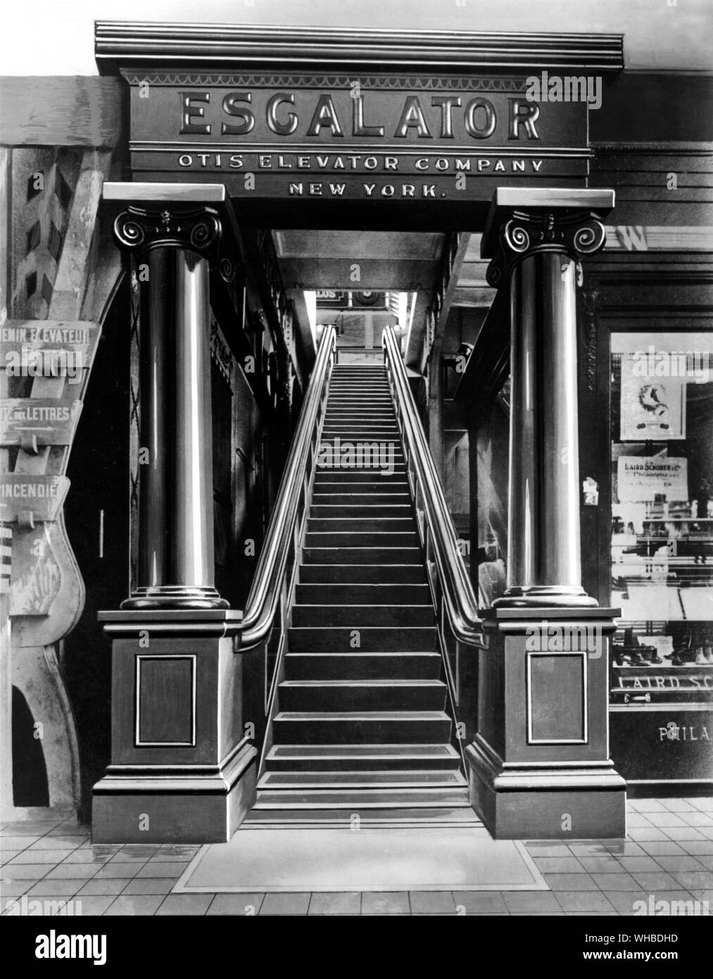 There were three significant developments soon after Otis Elevator Company was organised. The year 1900 saw the first Escalator in public use at the Paris Exhibition, where it was awarded a grand prize. The word escalator, an Otis trade name for fifty years, is now in everyday use, the Company's contribution to the English language.. Stock Photo