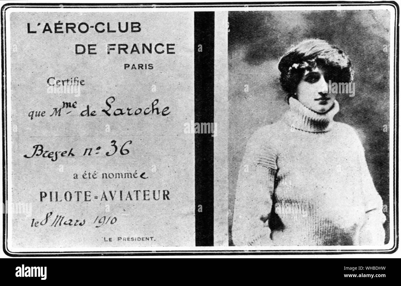 L'Aero-Club de France, Paris - The first official recognition of flying woman: Mme. de Laroche's certificate as pilote aviateur - the first granted to a woman.. Stock Photo