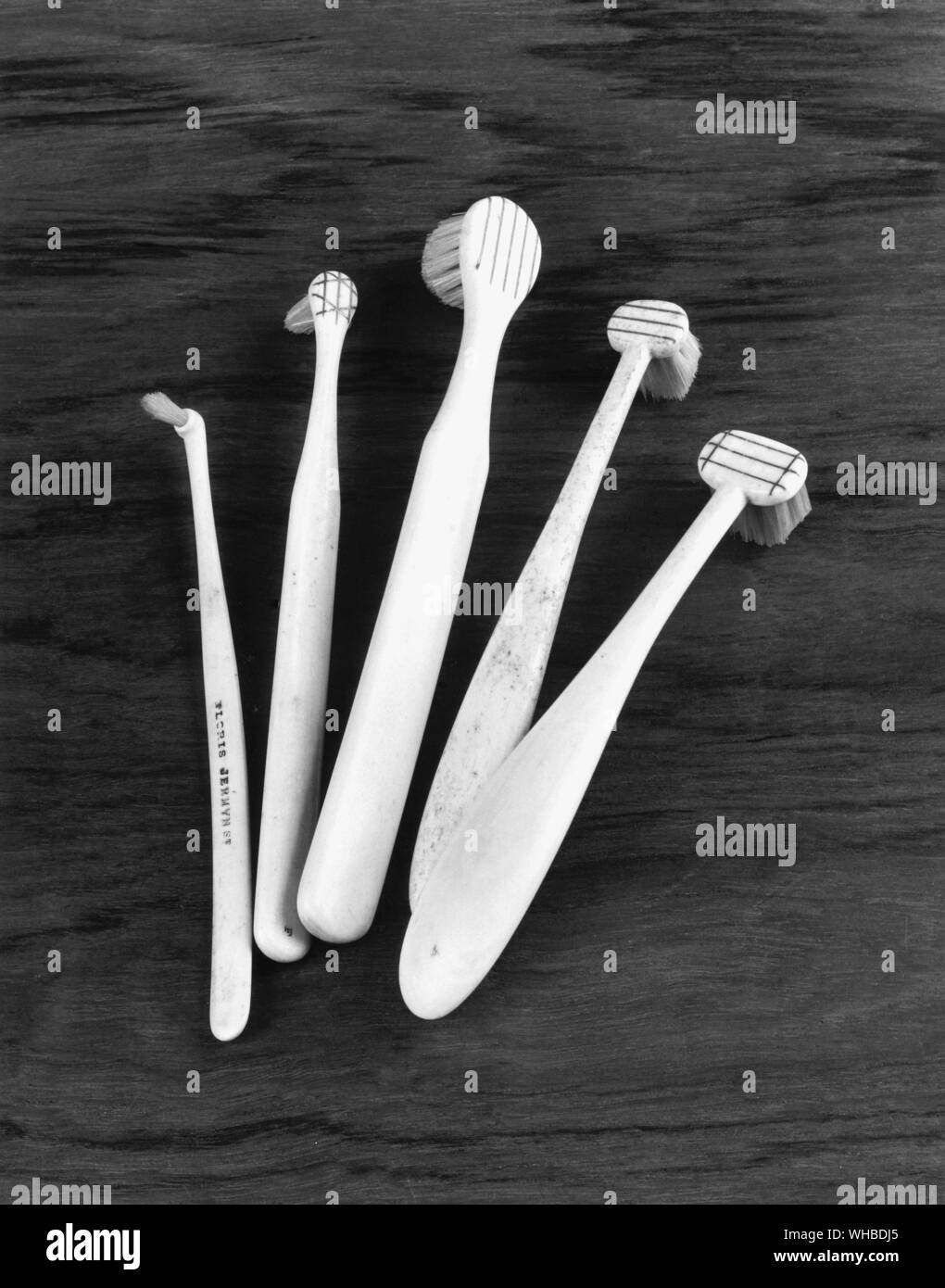 Set of Floris toothbrushes, c.1800 - Messrs. Floris of Jermyn Street, supplied by William Addis, founded in 1780, who claim to have been the first toothbrush manufacturers.. Stock Photo