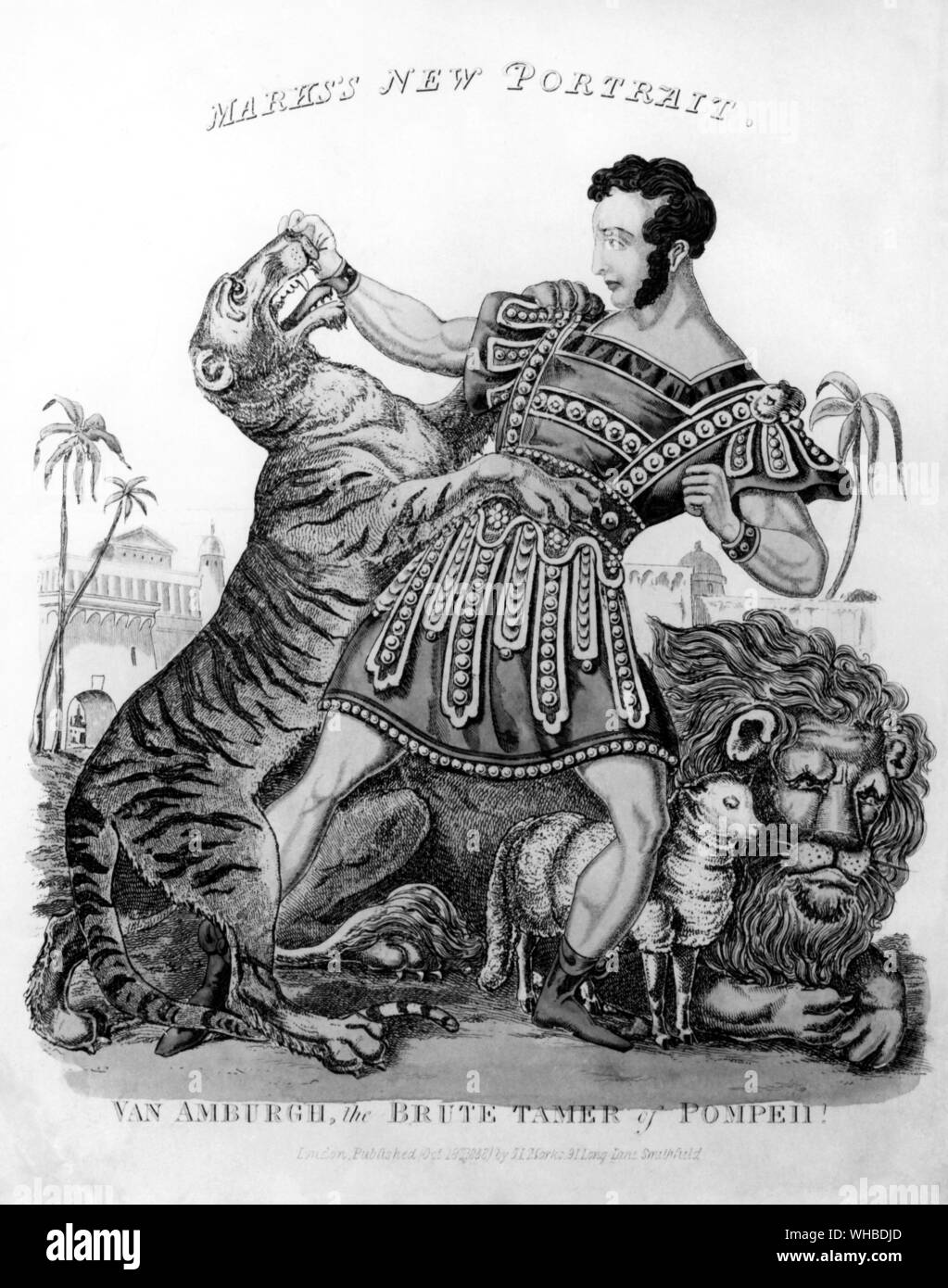 Morok the beast tamer - Van Amburgh, the brute tamer of Pompeii - the first tamer to perform with a mixed group of animals was American Van Amburgh who was billed at Astley's Amphitheatre in London as The Brute Tamer in 1838. His act, which included lions, tigers and leopards, was the first circus wild-beast act.. Stock Photo
