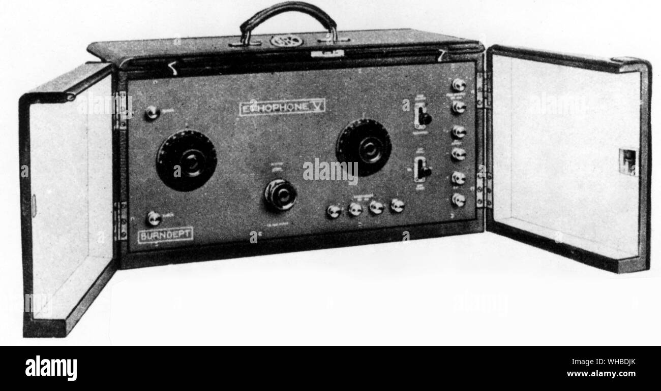 A suitcase receiving set can be carried anywhere enabling broadcast entertainment to be enjoyed by the owner wherever he may be. The Ethophone V Portable has four valves and, with a few feet of wire forming a temporary serial, all British broadcasting stations, and others at Paris and the Hague, may be listened to as desired.. Stock Photo