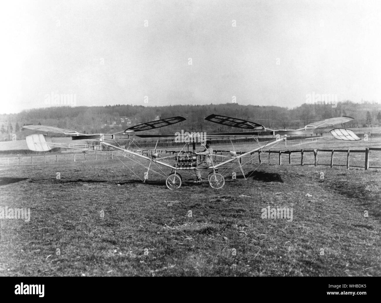 Paul Cornu's helicopter 1907 - the first helicopter to achieve free flight, a twin-rotor machine designed by French cycle-dealer Paul Cornu and test flown at Lisieux on 13 November 1907. Forwarded by a 24hp Antoinette engine, the machine attained a maximum of 20sec in the air at a height of 6ft.. Stock Photo