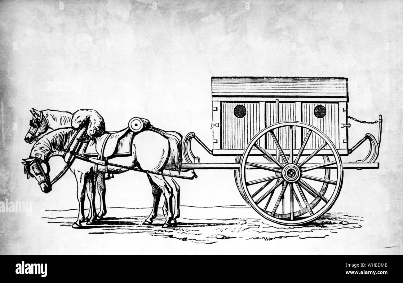 Side elevation of Larrey's voiture d'ambulance volante a deux roues or flying ambulance cart - from A treatise on the transporting sick and wounded troops by Inspector General T. Longmore 1866. Stock Photo