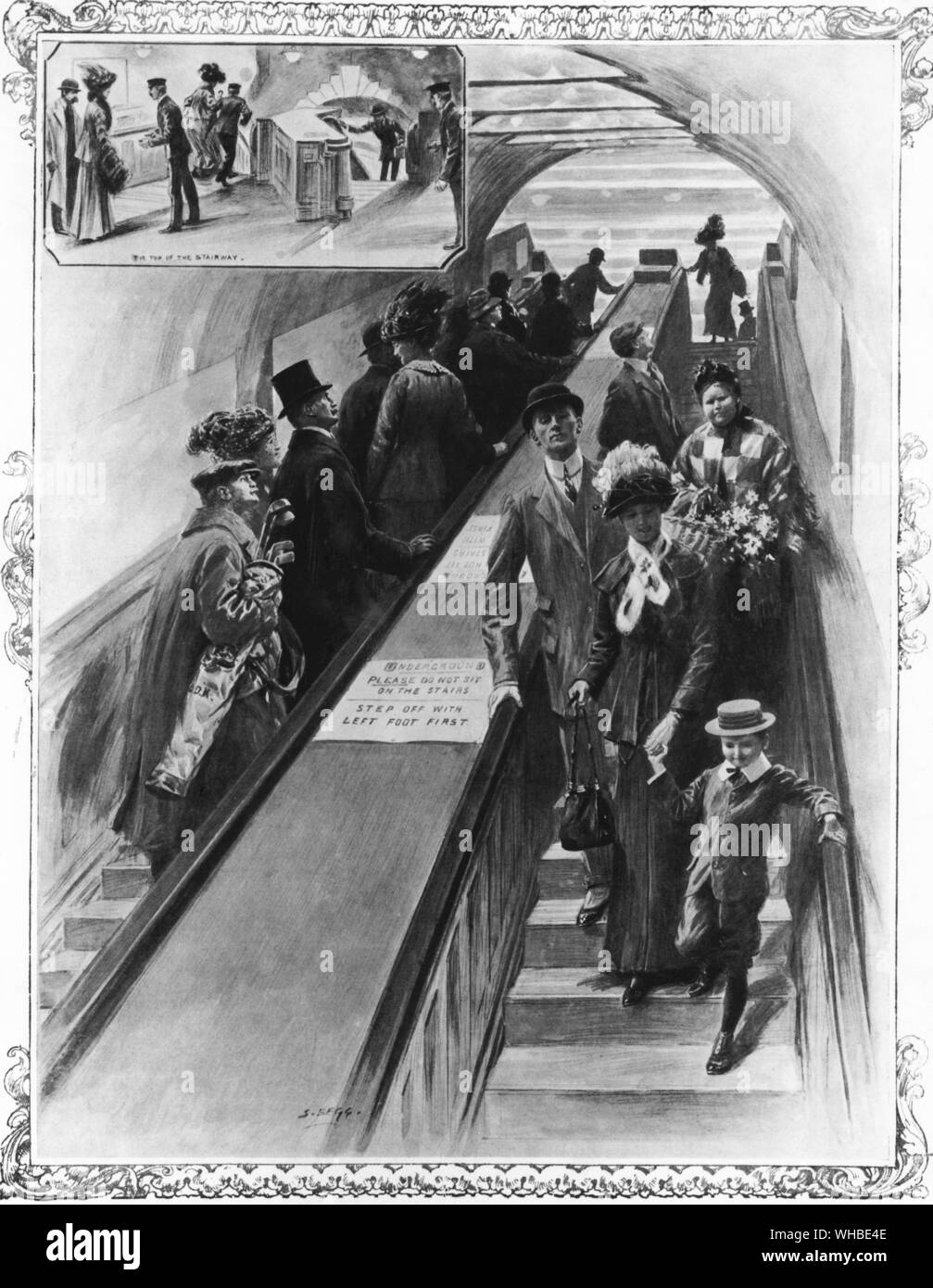 London's new amusement: up and down the escalator 1911 - Please do not sit on the stairs. Step off with left foot first, on the moving staircases at Earl's Court Station.. Stock Photo