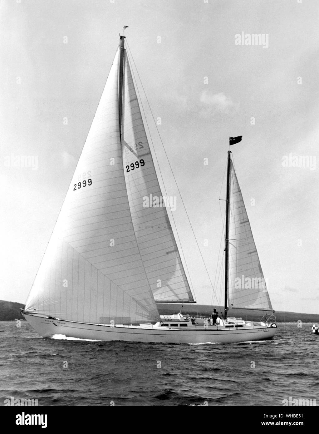 Robin Knox-Johnston, the first man to sail single-handed non-stop round the world, chose Terylene for the sails of his new glass-fibre boat Ocean Spirit which won the 1970 Round Britain race within a few weeks of being launched. Terylene and ICI nylon are also used for the ropes.. Stock Photo