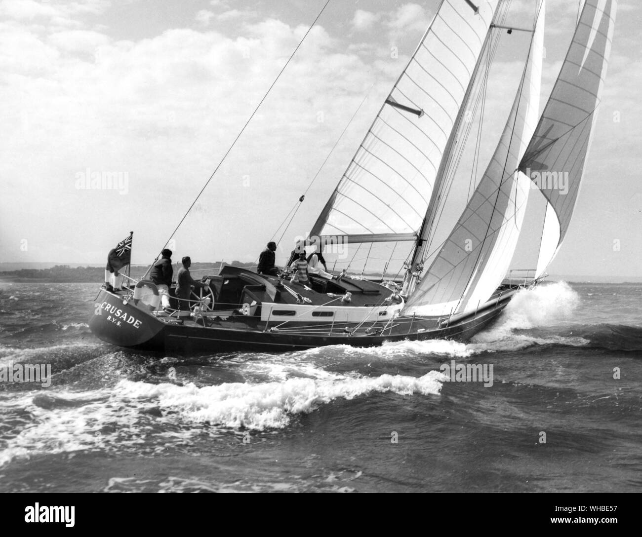 Sir Max Aitken's recently launched yacht Crusada has been rigged with British Ropes' new Marina Super Braidline rope - an all-Terylene double braided rope specially designed for large ocean-going yachts. Crusada was built by W. A. Souter (Cowes) Limited and rigged by H. R. Spencer at Cowes. She has been provided with a suit of Vectia sails in Terylene by Ratay & Lapthorn Limited.. Stock Photo