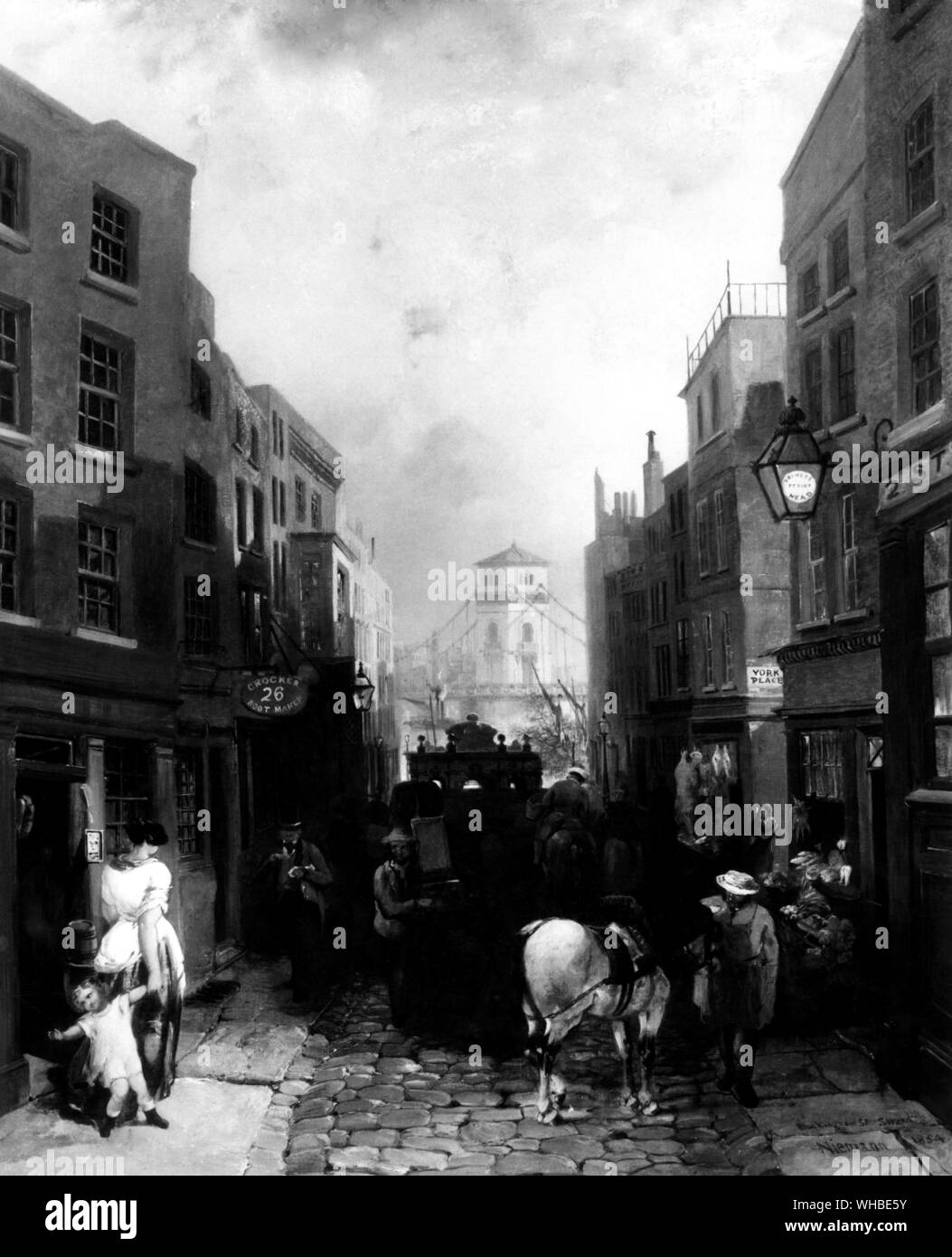 Blackingham Street Stand London by Edmund John Niemann. . 'Buckingham Street, Strand', 1854. Busy London street scene with shops. a woman pulls along a child on the left, with a carthorse standing in the cobbled street. The view is looking towards Hungerford Suspension Bridge, finished in 1845, but demolished in 1859-1860 to make way for Charing Cross Railway Bridge. The chains from the old bridge were later used for the Clifton Suspension Bridge at Bristol. . Stock Photo
