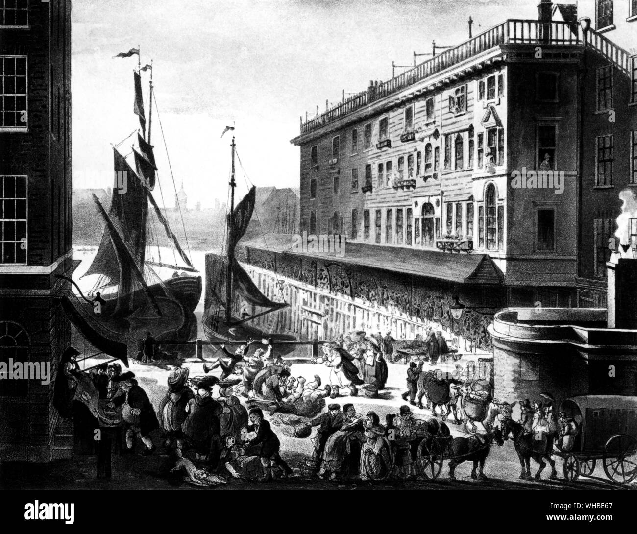 Billingsgate Market London 1808. Ackermann's Microcosm of London 1808-1811 by Thomas Rowlandson at Lyons. . The print shows two ships in dock, with people on the quay buying and selling fish, carrying baskets on their heads, arguing, falling over, herding laden donkeys and driving carriages. In the foreground a dog eats some fallen fish and a man administers tea to a woman who has collapsed on the ground. Stock Photo