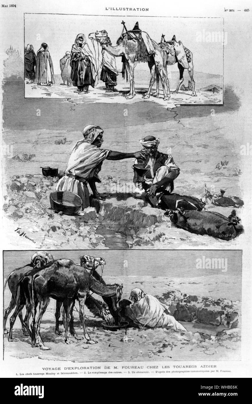The Touaregs - nomads in the Sahara - Voyage of Exploration of M. Foreau - home of the Touaregs Azdjer -. Top picture shows the chief Touaregs Mouley and Olhouikhen - middle picture shows the filling of the goatskin bottles - and the bottom picture shows a feeding trough stop for the camels by Foureau. Stock Photo