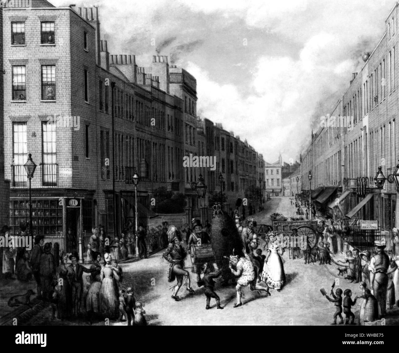 Upper Lisson Street. Paddington from Chapel St. 1837-47. Picture shows: 'Sweeps' Day in Upper Lisson Street, Paddington', late 1830s. London street with a Jack-in-the-Green procession and a number of boy chimney sweeps who are collecting money. People watch the entertainment from the pavement. . May Day Celebrations of the Chimney Sweeps of London . Stock Photo