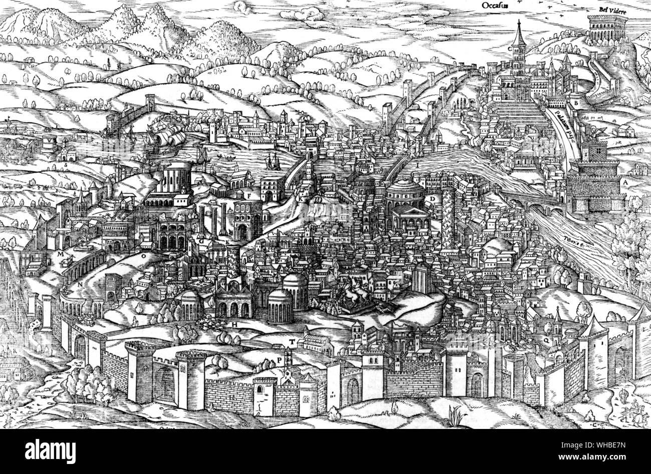 Woodcut of Rome as it was in the early sixteenth century , showing landmarks Calixtus passed on his ceremonial route through the city after his coronation in St Peter's . Stock Photo