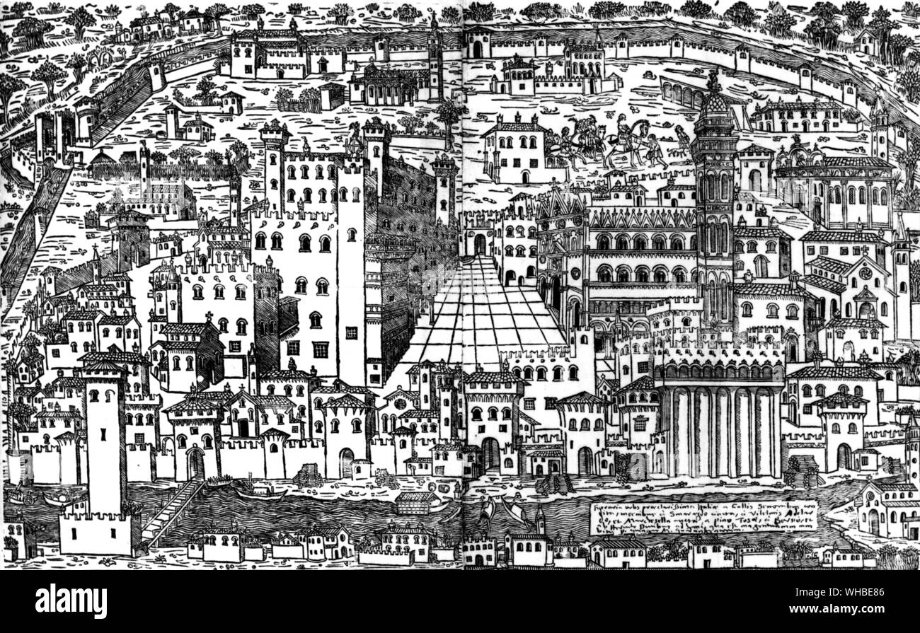 Planimetric view of Ferrara , 1499 . The city dominated by the forbidding Castello Estense , assigned to be the home of Alfonso d'Este and Lucrezia Borgia . Woodcut shows the so-called Herculean addition ? added by Ercole ? Stock Photo