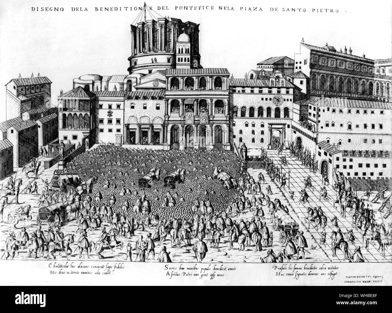 Papal blessing in St Peter's Square in Rome - engraving of 1575 Jubilee from Speculum Romanae Magnificentiae Stock Photo