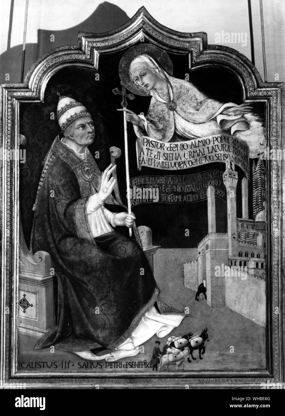 Sano di Pietro's portrait of Pope Calixtus III , as protector of the city  of Siena , commissioned by the Sienese in gratitude for the pope's  intervention against Jacopo Piccinino whose breach