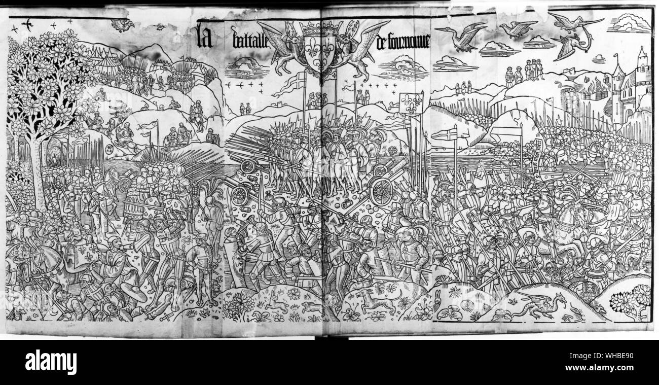 Battle of Fornovo , where Charles VIII 's troops routed by Francesco Gonzaga and the army of the Holy League on their retreat back through Italy 1494 .. . Woodcut from Mer des histoires , printed 1503 Stock Photo