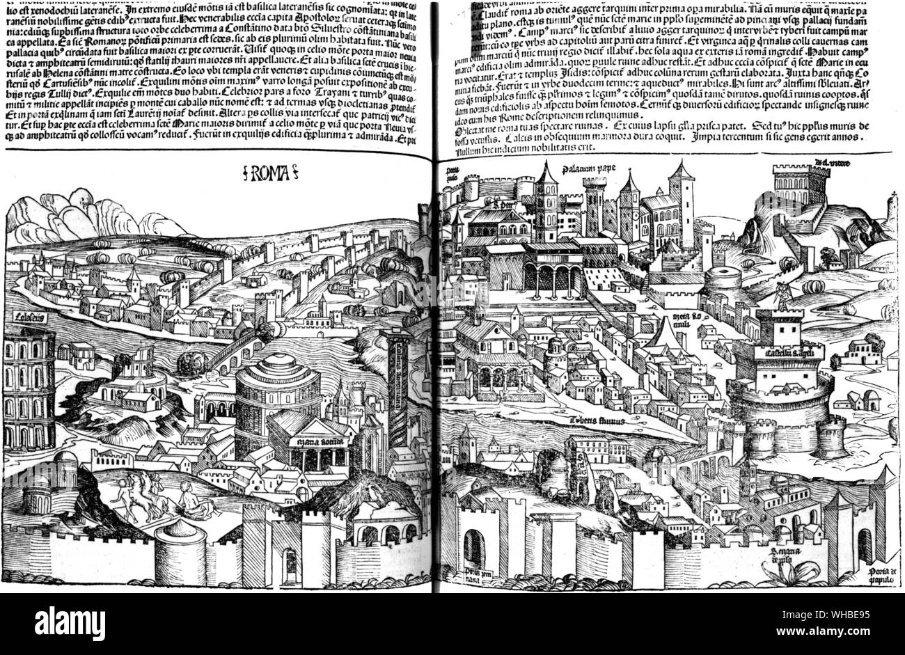 Rome, one of the double page prospects in the famous Nuremberg Chronicle . Although not completely accurate, features such as the Castel de San Angelo, the Vatican, Colosseum and Pantheon are represented. 1493. D Hartmann Schedel was present at the coronation of Alexander VI and wrote a favourable report on the new pope Stock Photo